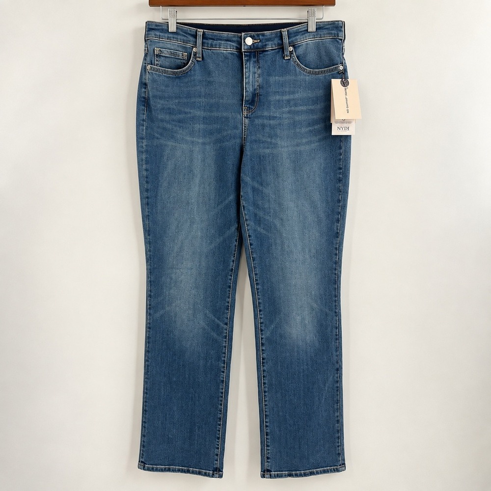 NYDJ No Gapper Straight Leg Jeans Women 14 Blue Denim Lift Tuck Stretch NWT